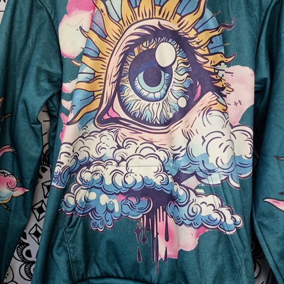 Sun Eye Psychedelic Moon Graphic All Over Hoodie Size Small - Picture 2 of 7